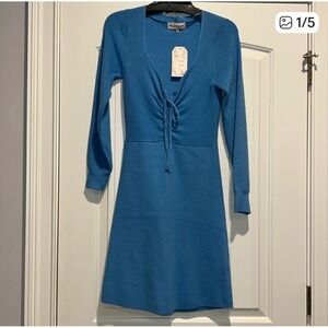 NWT Willow & Wind Azure Blue Knit Sweater Dress Long Sleeve Ruched Tie Front‎ M